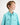 Young boy wearing an aqua shirt on a white background