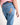 Blue jeans with a horse emblem on the back pocket against a white background