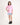 Young girl wearing a pink workshirt with a brand logo on a white background