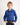 Young boy wearing a dark blue workshirt with a white background
