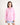 Young girl wearing a pink workshirt with a brand logo on a white background